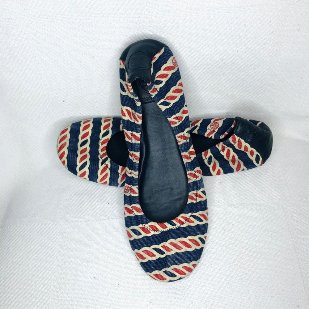 Tory Burch Bateaux Red & Blue Canvas Ballet Flats